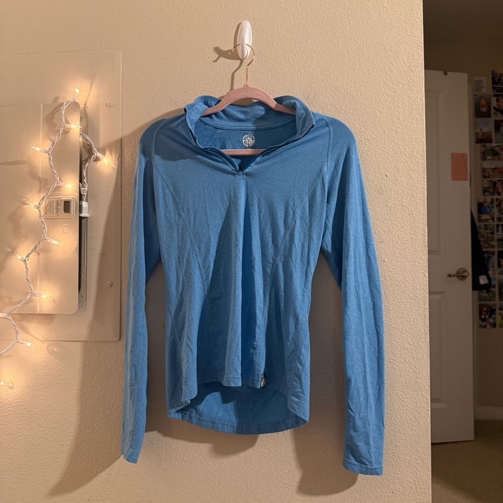 REI Co-op women's light blue quarter zip tech long sleeve shirt